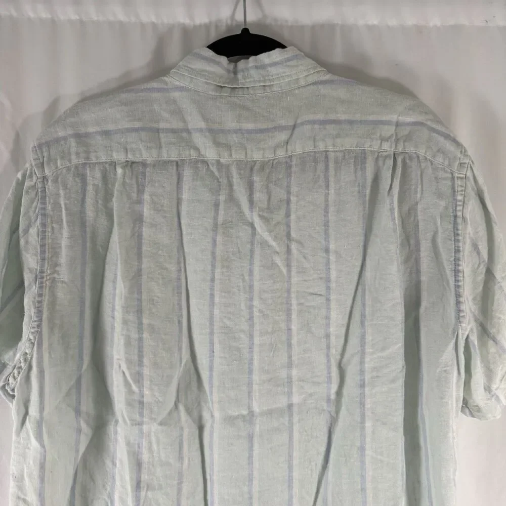 J. Crew 100% Linen Shirt Men's Large Green Blue Striped Short Sleeve Button Up